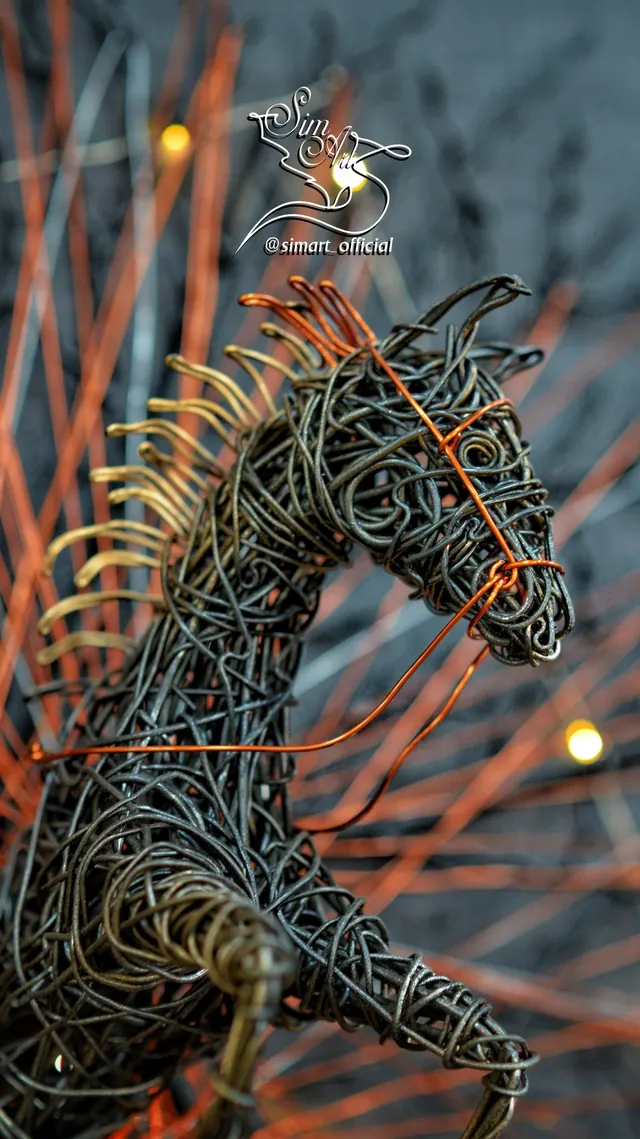 Horse with copper reins — wire sculpture by Pouya