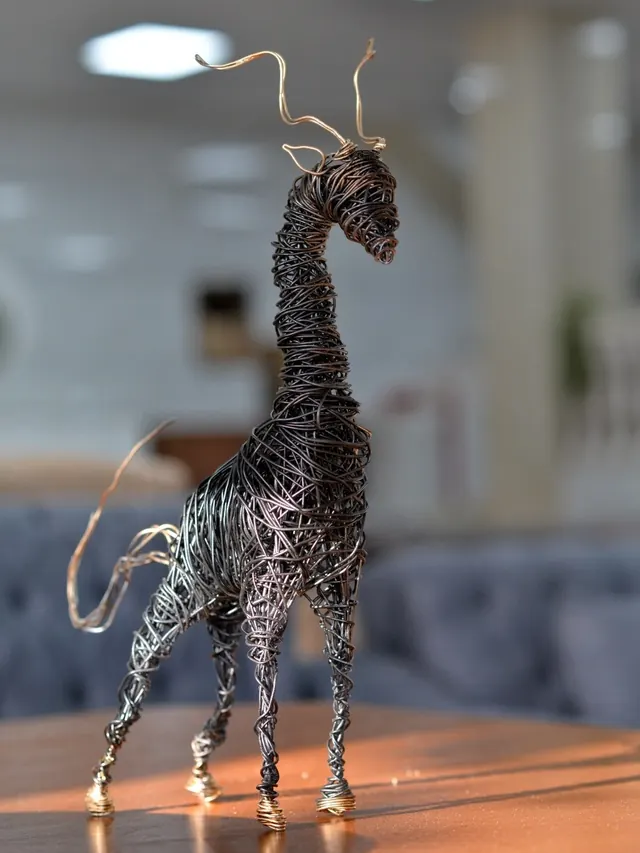 Giraffe with silver horns — wire sculpture by Pouya