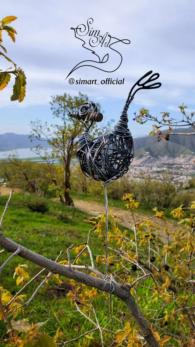Bird with a casing eye — wire sculpture by Pouya